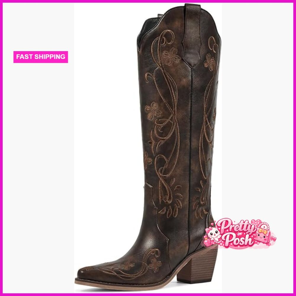 Knee High Cowboy Boots With Floral Embroidery Faux Leather Chunky Heel